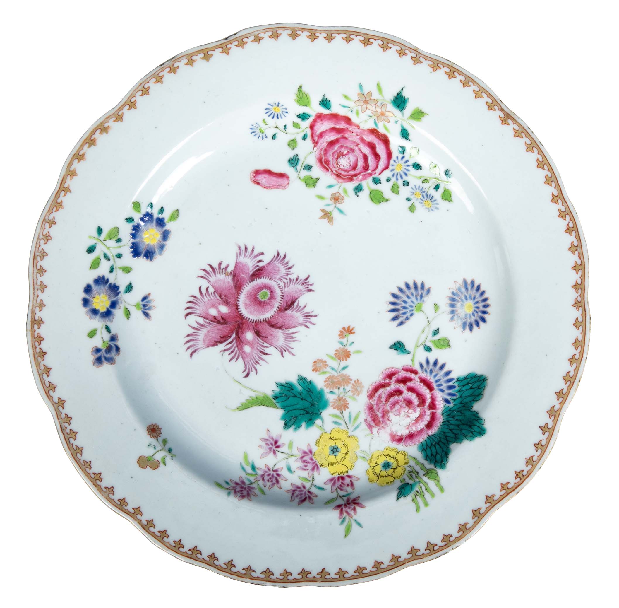 Pair of Chinese Export Famille Rose Porcelain Plates with Floral Polychrome Decor