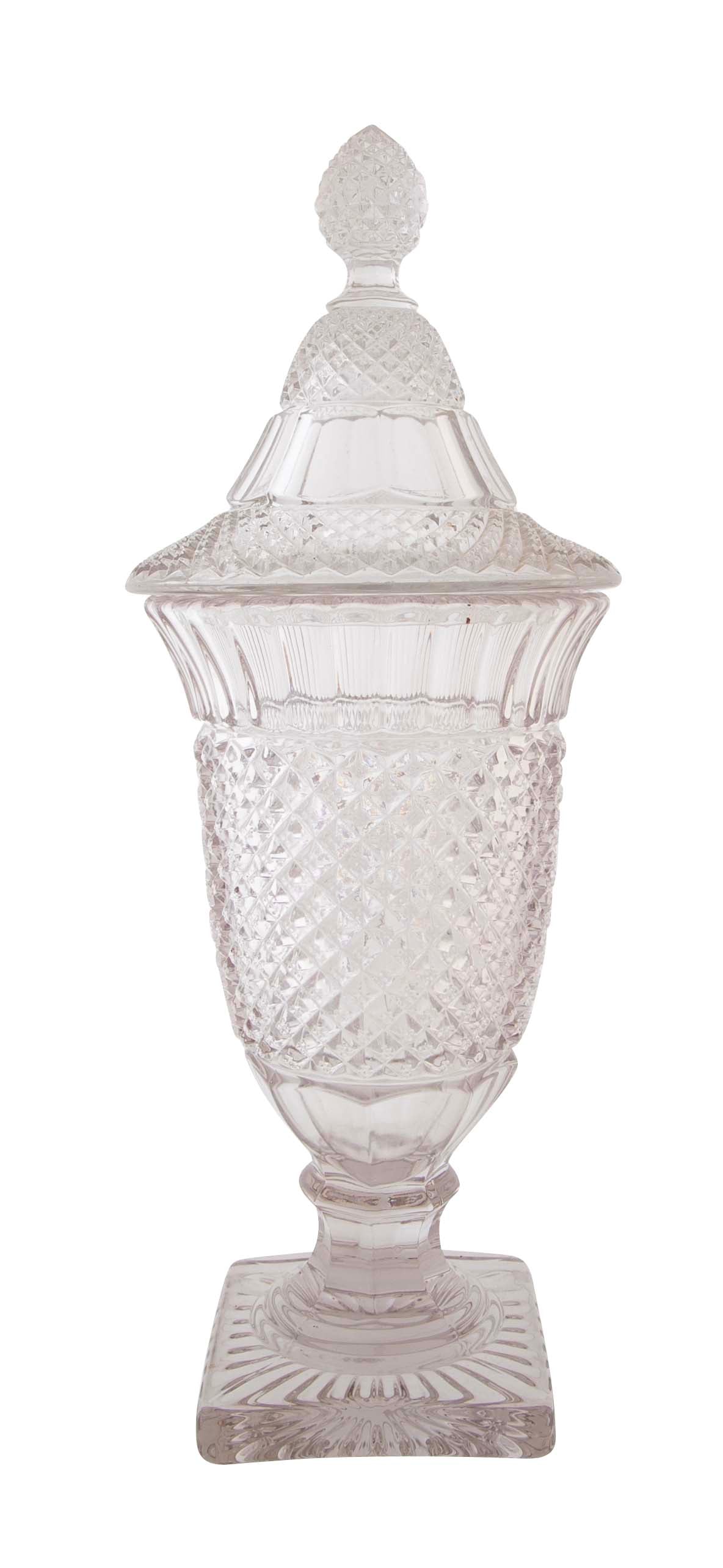 Lidded Glass Covered Urn in Antique Diamond Pattern