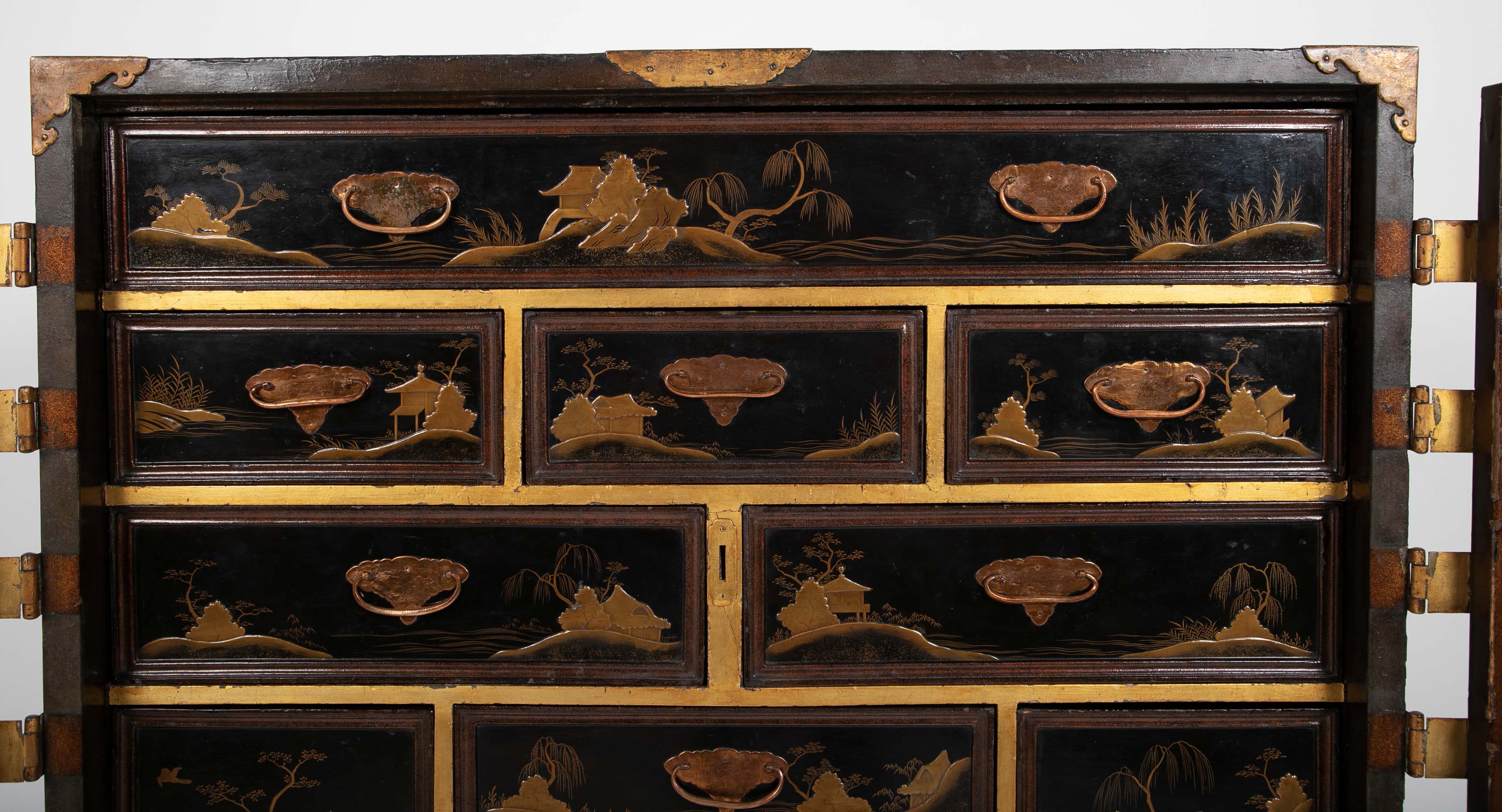 17th Century Japanese Gilt & Black Lacquer Cabinet for Export on Later Stand