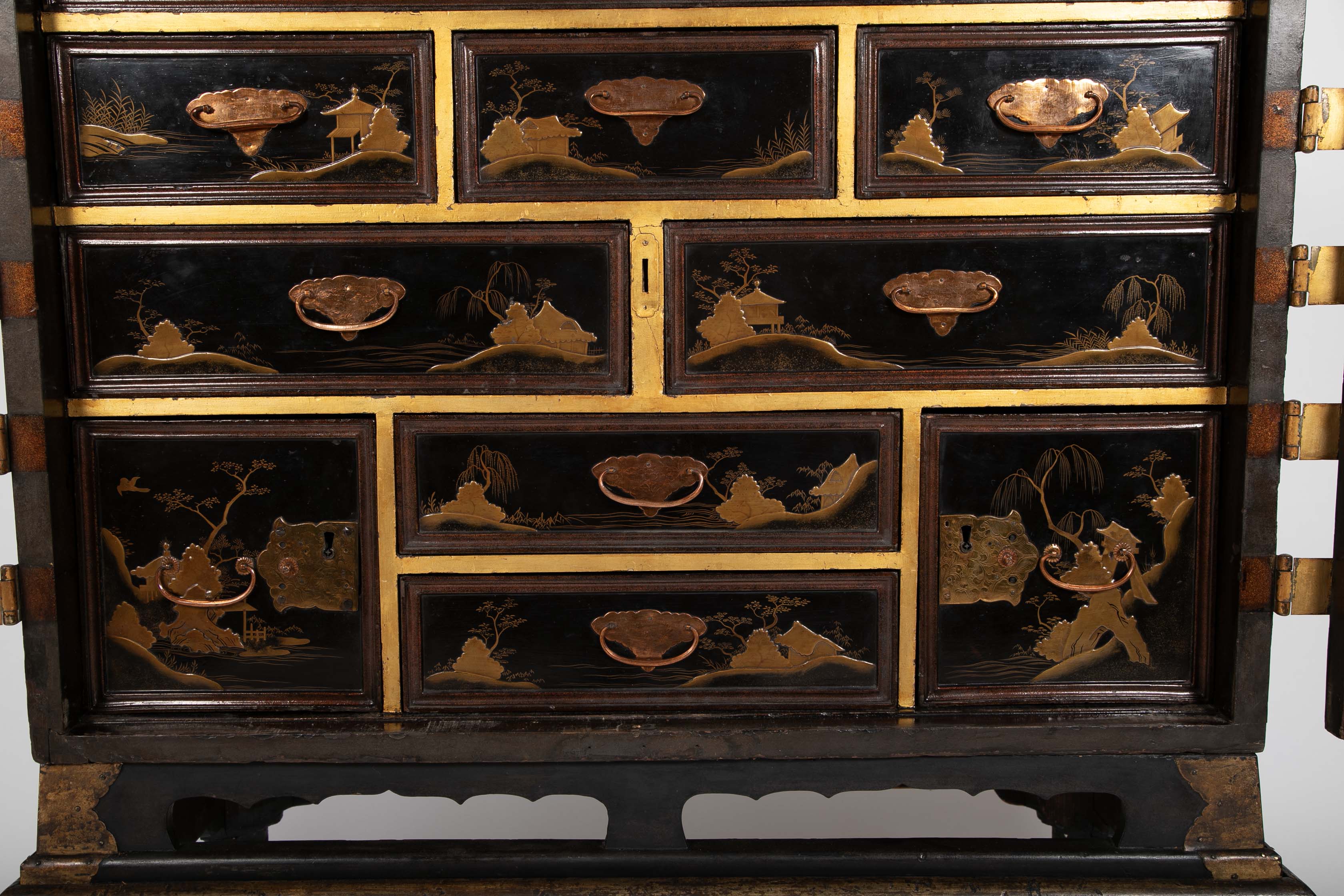 17th Century Japanese Gilt & Black Lacquer Cabinet for Export on Later Stand
