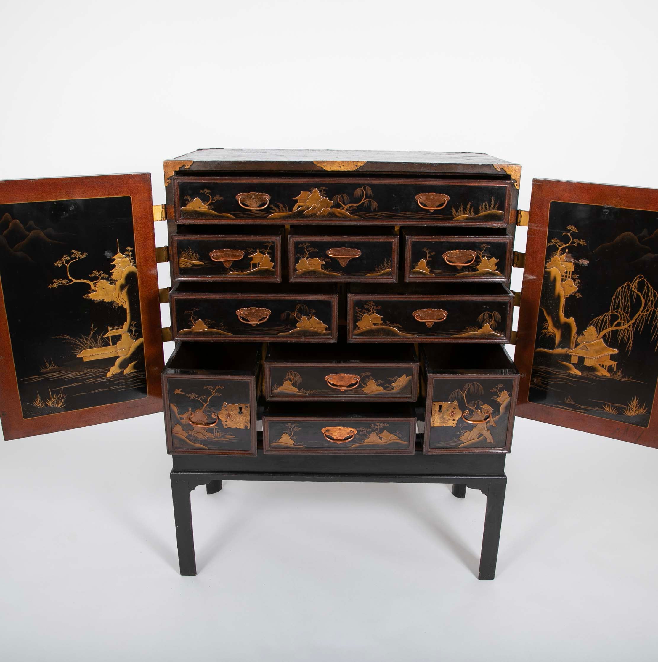 17th Century Japanese Gilt & Black Lacquer Cabinet for Export on Later Stand