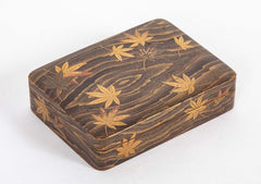 Japanese Brown Lacquer Box with Maple Leaves on a Pond Decor