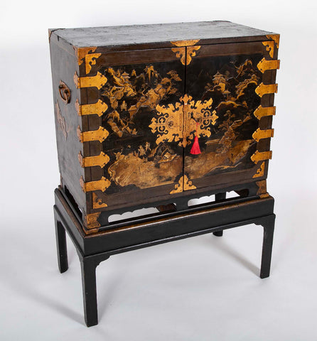 17th Century Japanese Gilt & Black Lacquer Cabinet for Export on Later Stand