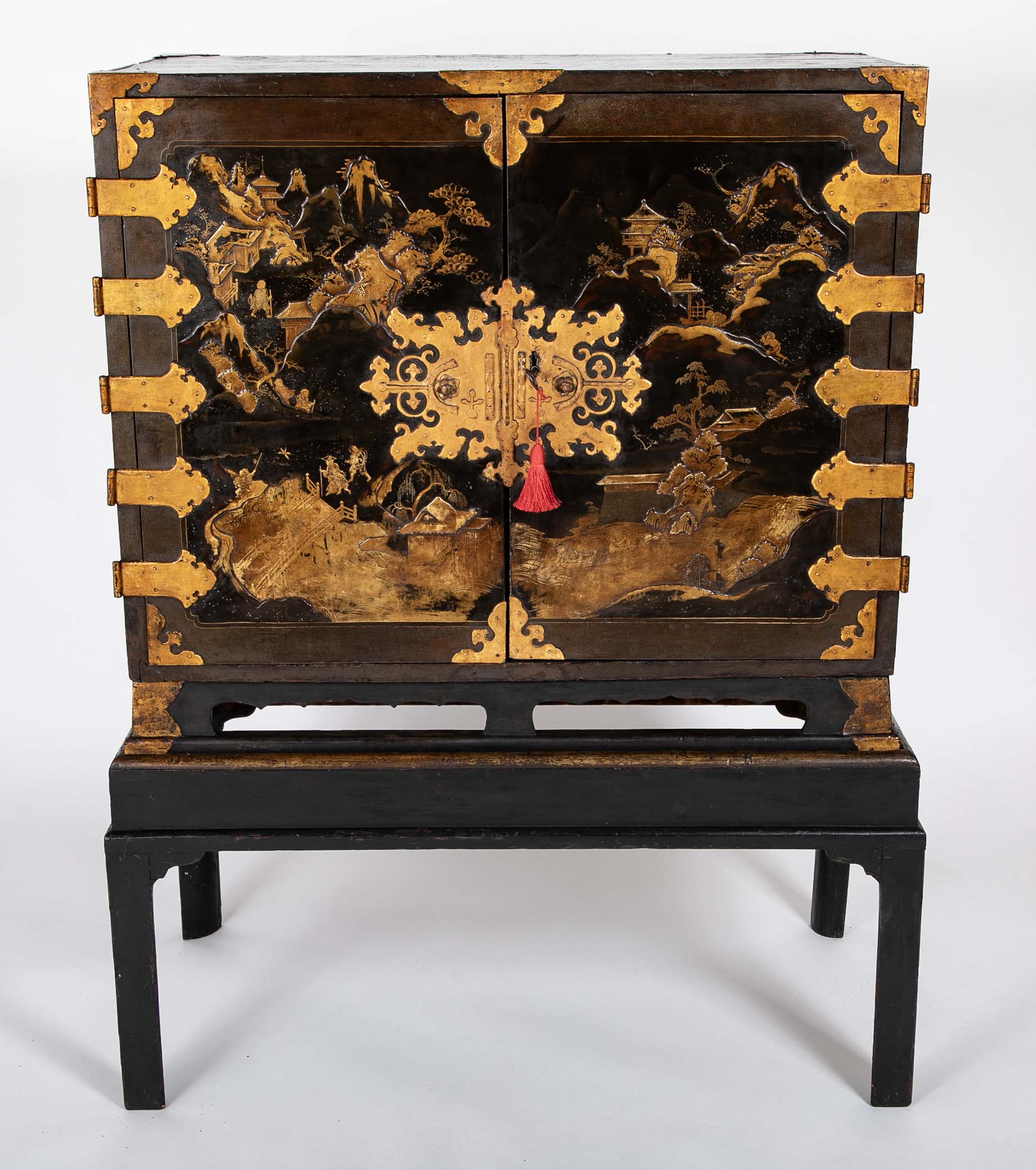 17th Century Japanese Gilt & Black Lacquer Cabinet for Export on Later Stand