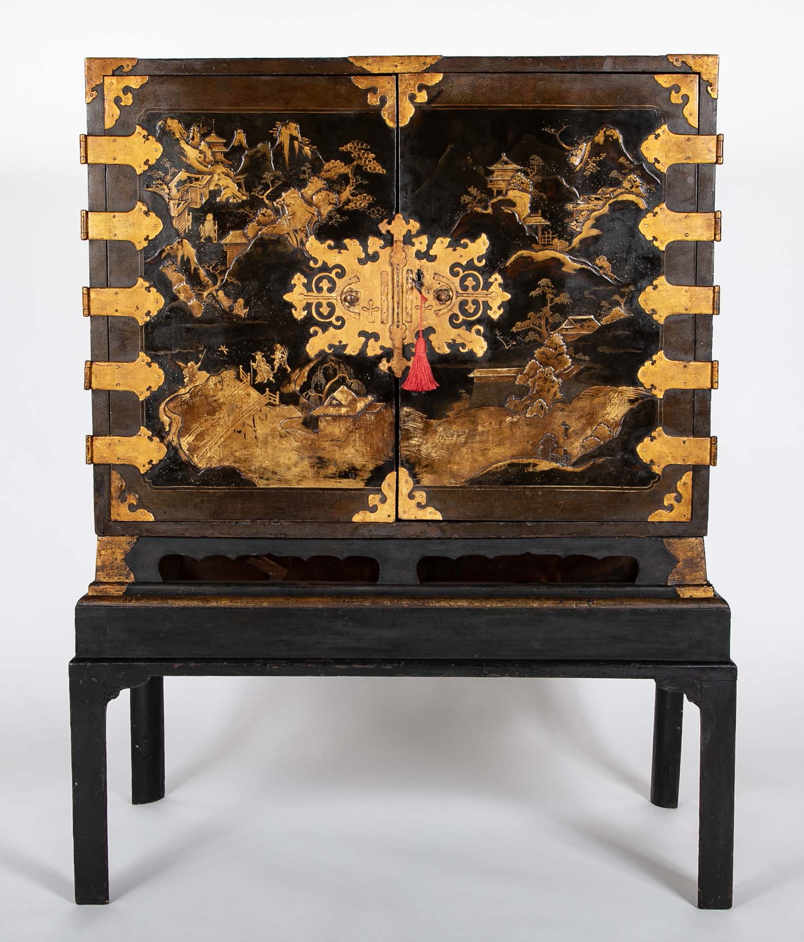 17th Century Japanese Gilt & Black Lacquer Cabinet for Export on Later Stand