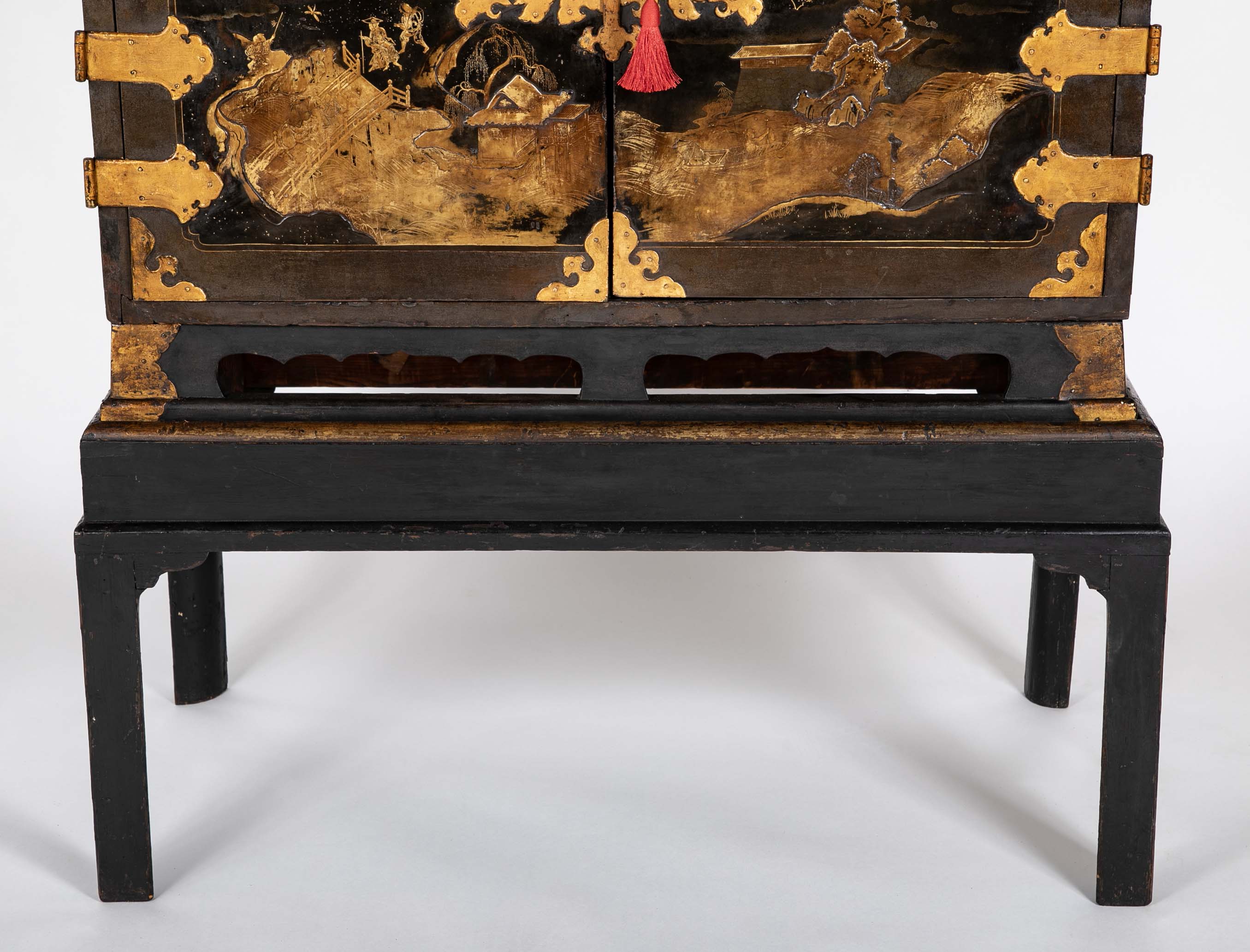 17th Century Japanese Gilt & Black Lacquer Cabinet for Export on Later Stand