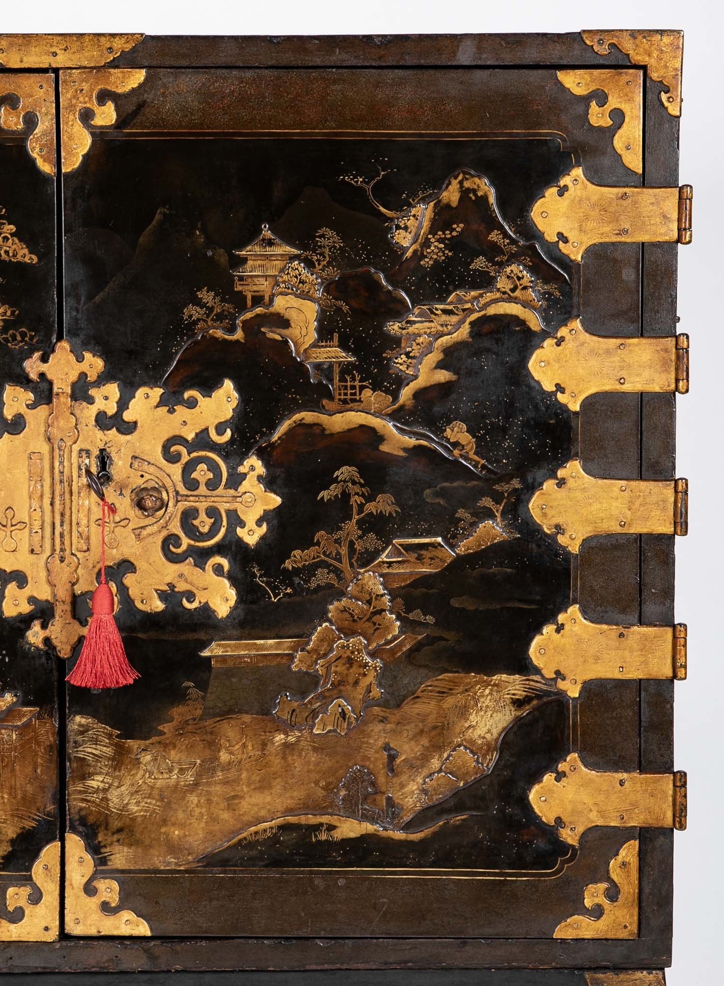 17th Century Japanese Gilt & Black Lacquer Cabinet for Export on Later Stand