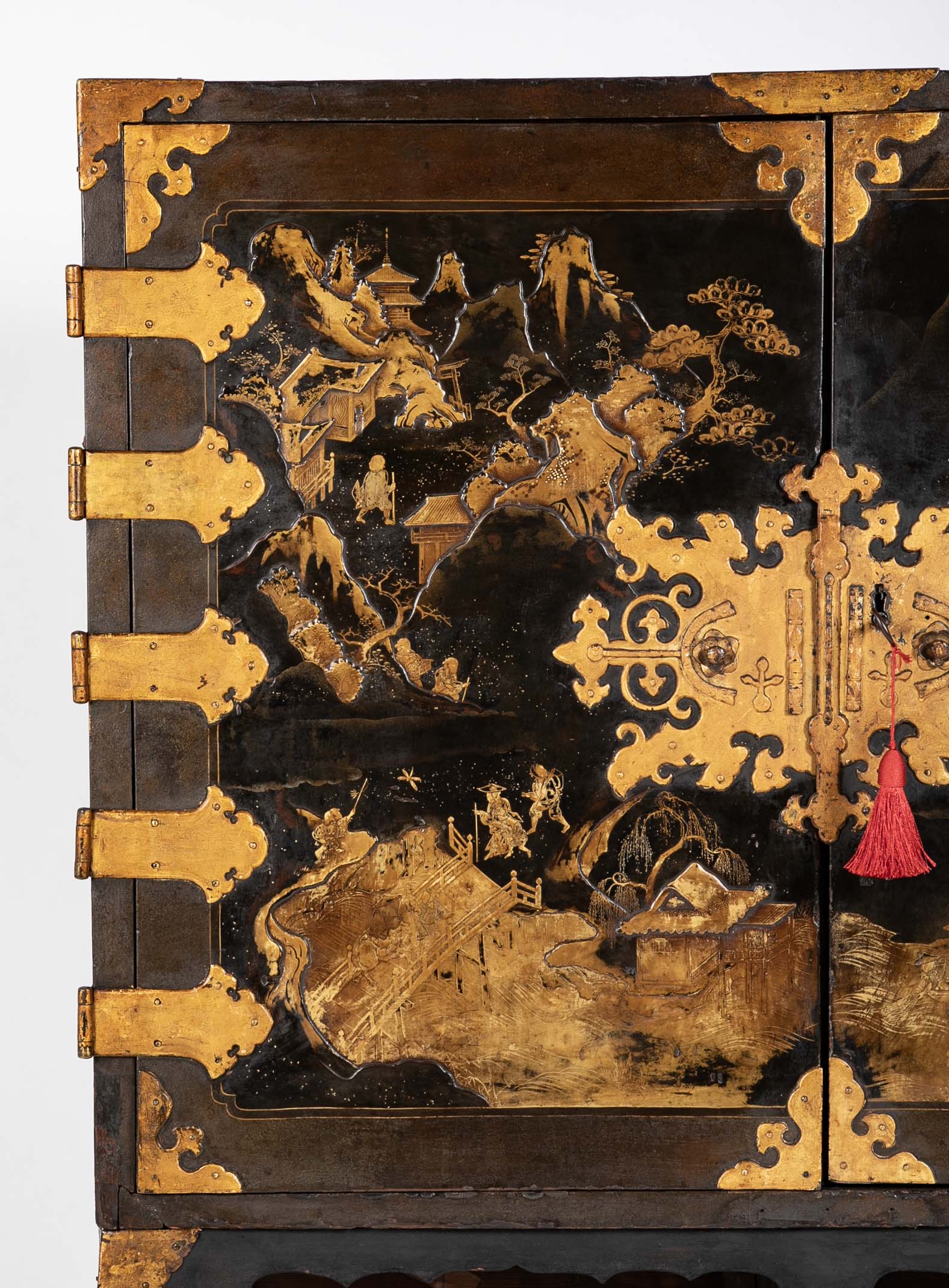 17th Century Japanese Gilt & Black Lacquer Cabinet for Export on Later Stand