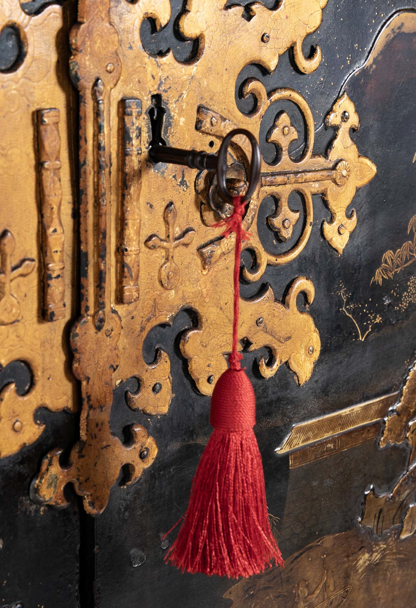 17th Century Japanese Gilt & Black Lacquer Cabinet for Export on Later Stand
