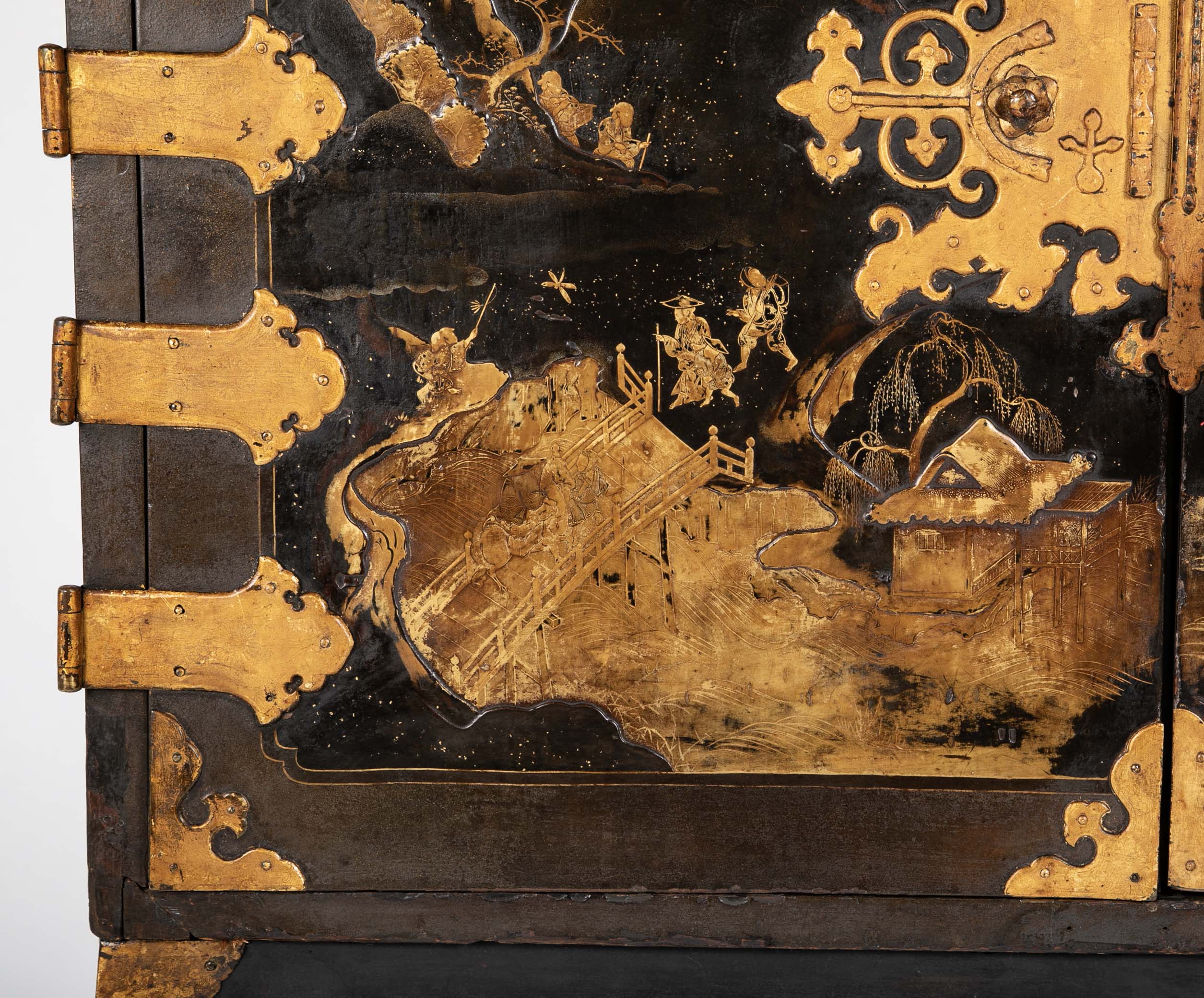 17th Century Japanese Gilt & Black Lacquer Cabinet for Export on Later Stand