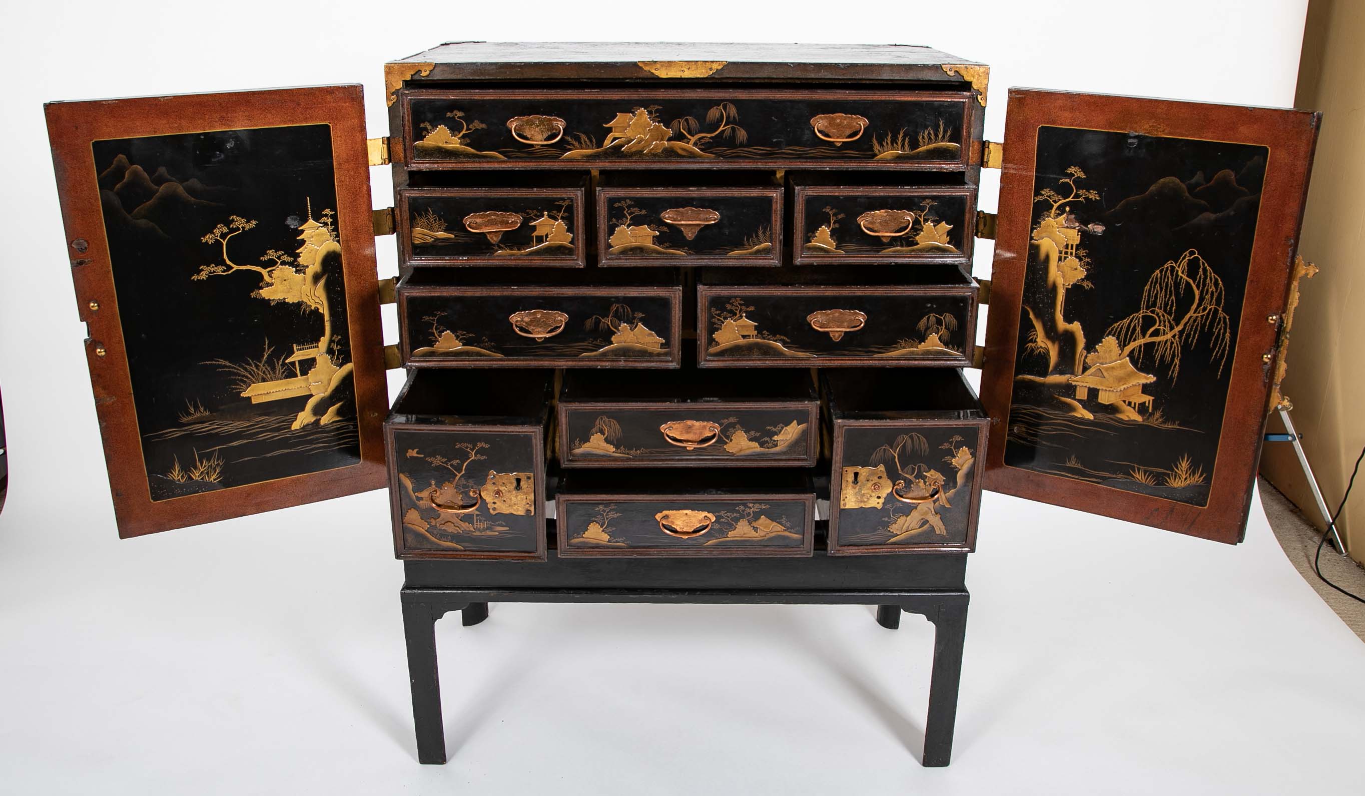 17th Century Japanese Gilt & Black Lacquer Cabinet for Export on Later Stand