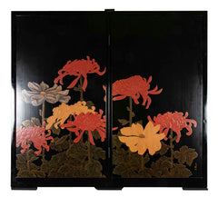 Black Lacquer Screen with Bold Red, Yellow & White Chrysanthemums Signed Kunio Saku