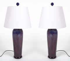 Pair of Chinese Blue Flambe Fulper Vases now Lamps
