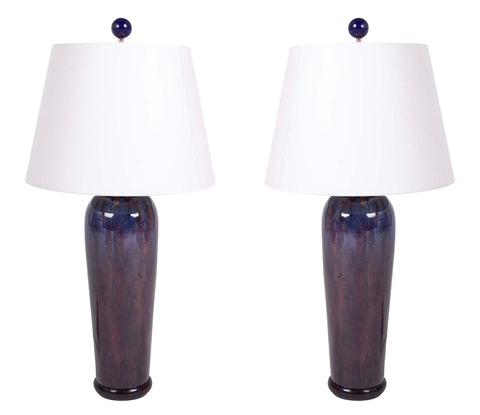 Pair of Chinese Blue Flambe Fulper Vases now Lamps