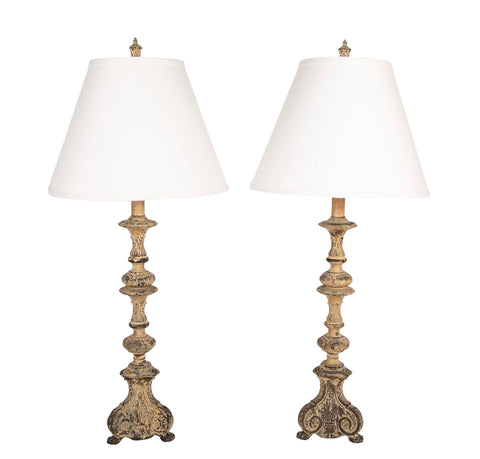 A Pair of Italian Baroque Style Brass Candlestick Lamps