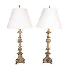 A Pair of Italian Baroque Style Brass Candlestick Lamps