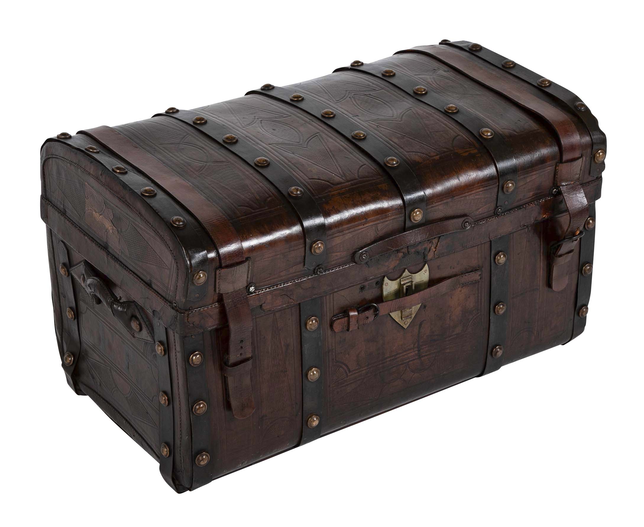 19th Century American Tooled Leather and Brass Stagecoach Trunk