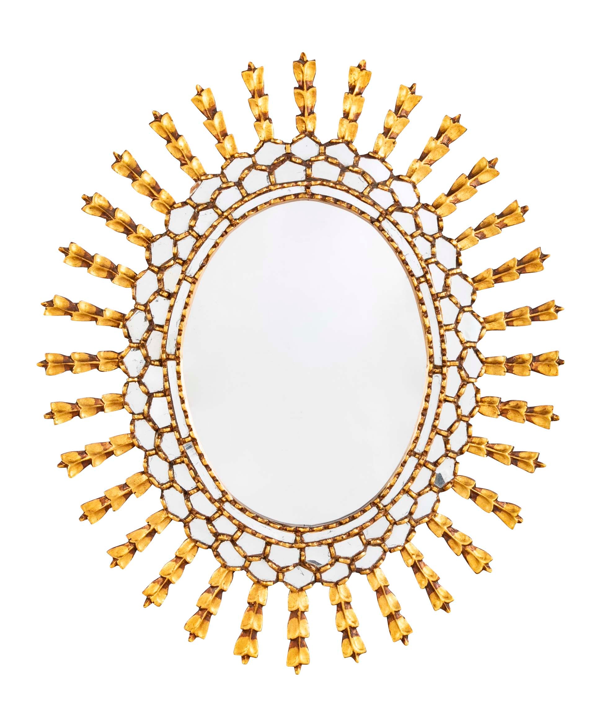 A Sunburst Oval Mirror with Leaf Forms on Rays