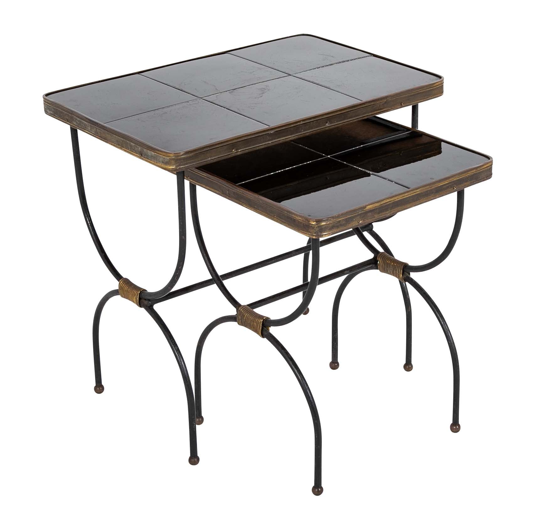 Two Nesting Tables in Curule Formed Metal by Jacques Adnet