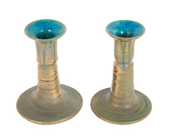 Pair of Pewabic Pottery Candle Stands with Bright Iridescent Turquoise Glaze on Earthenware
