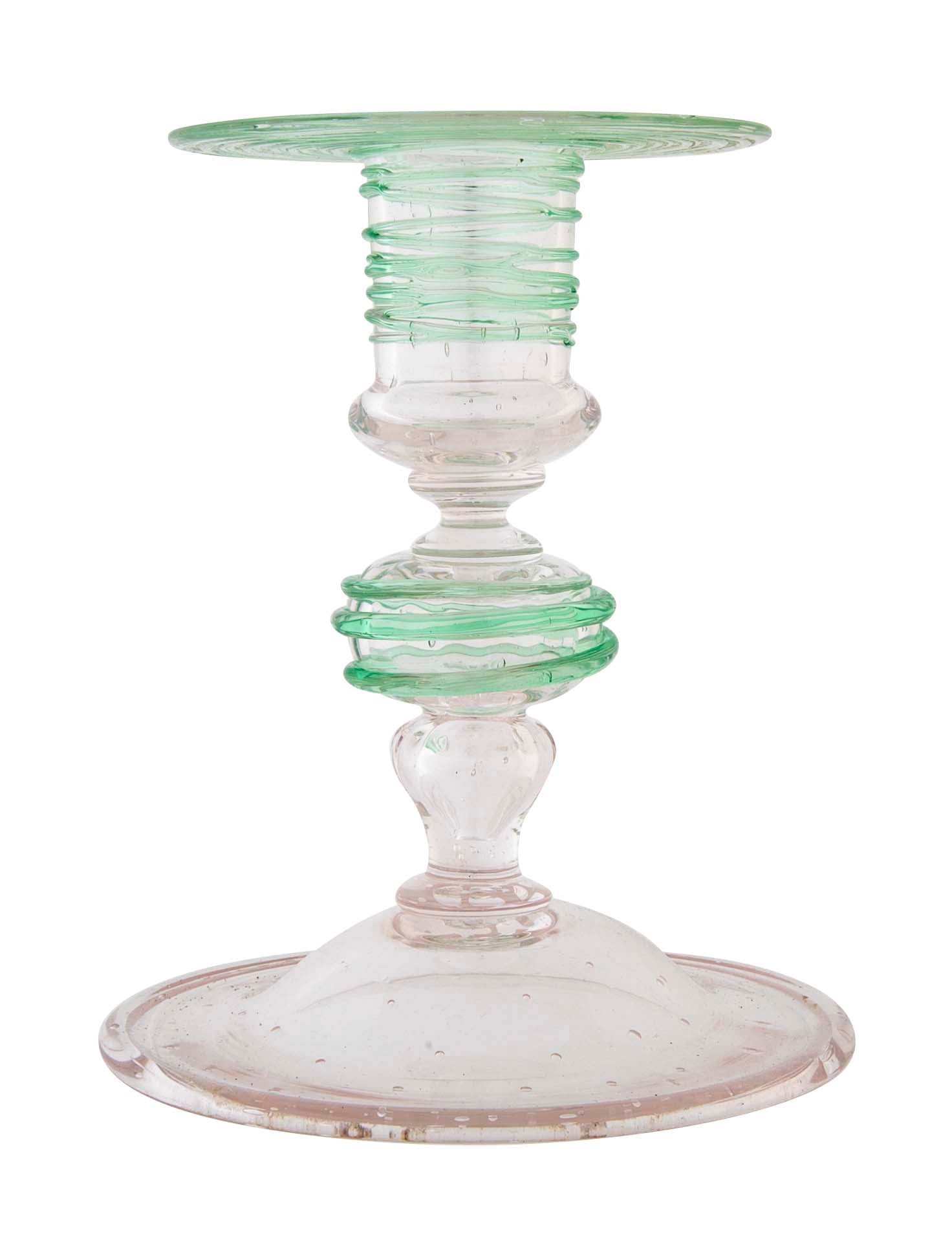 Pair of Green Threaded Glass Candlesticks by Steuben/H.C Frey & Co.