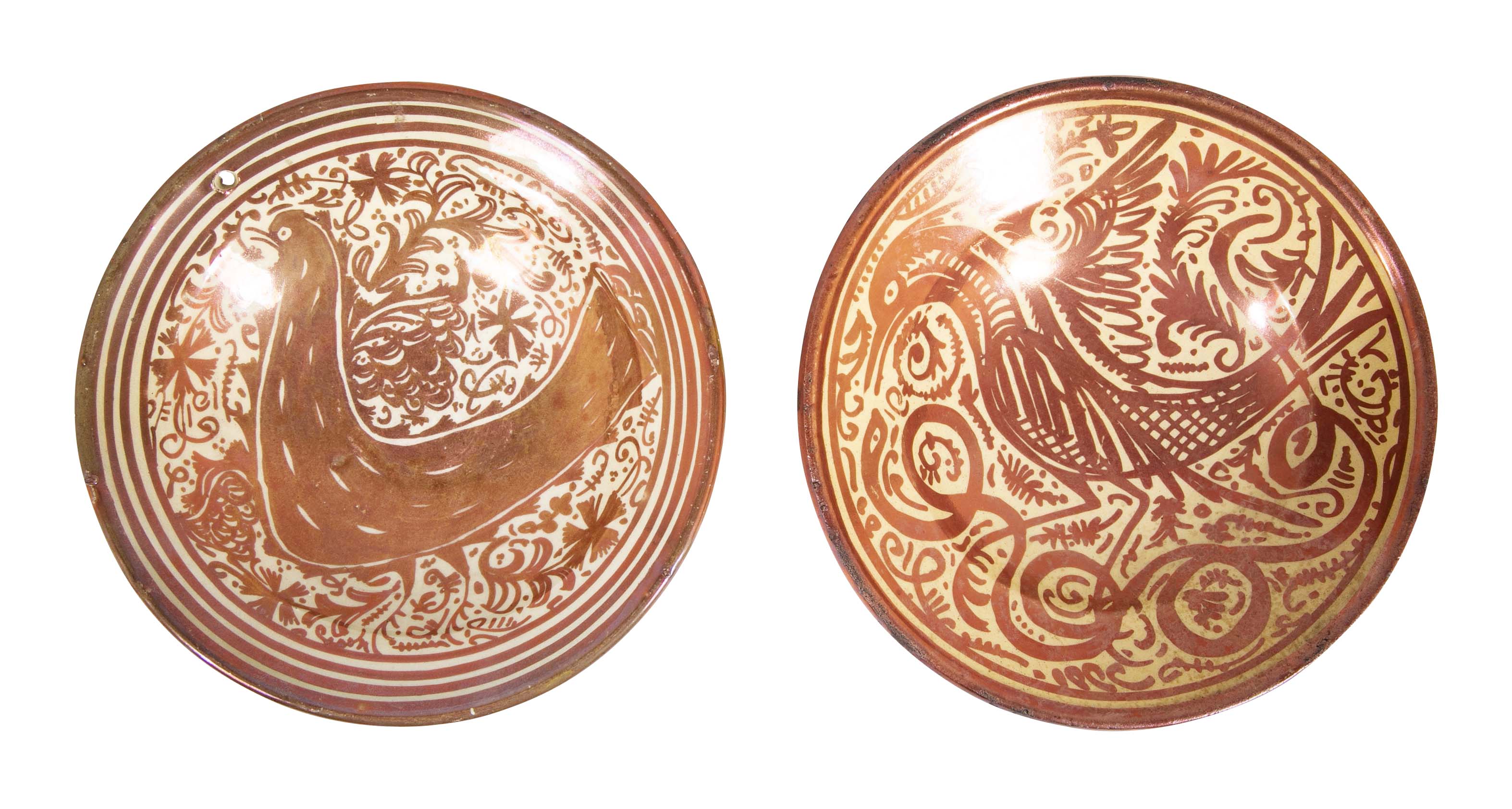 Two Copper Lustre Plates with Highly Stylized Birds