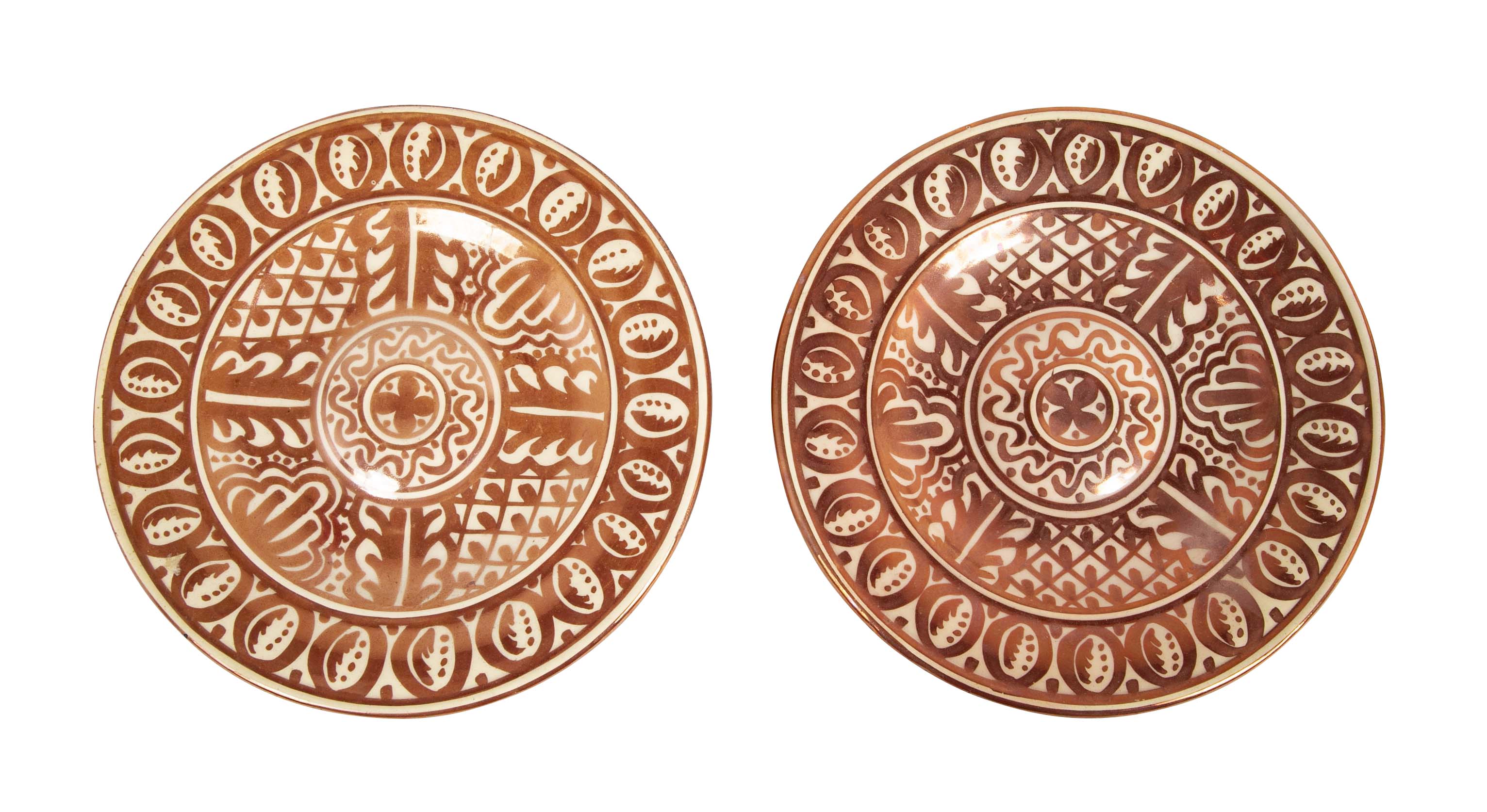 Two Round Copper Lustre Plates with Stylized X Design