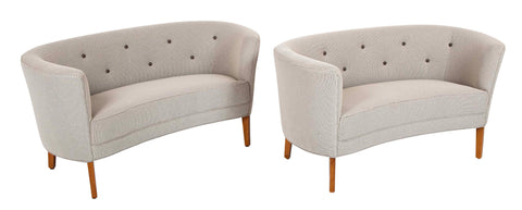 Pair of Mid-Century Danish Upholstered Loveseats on Stained Beech Legs