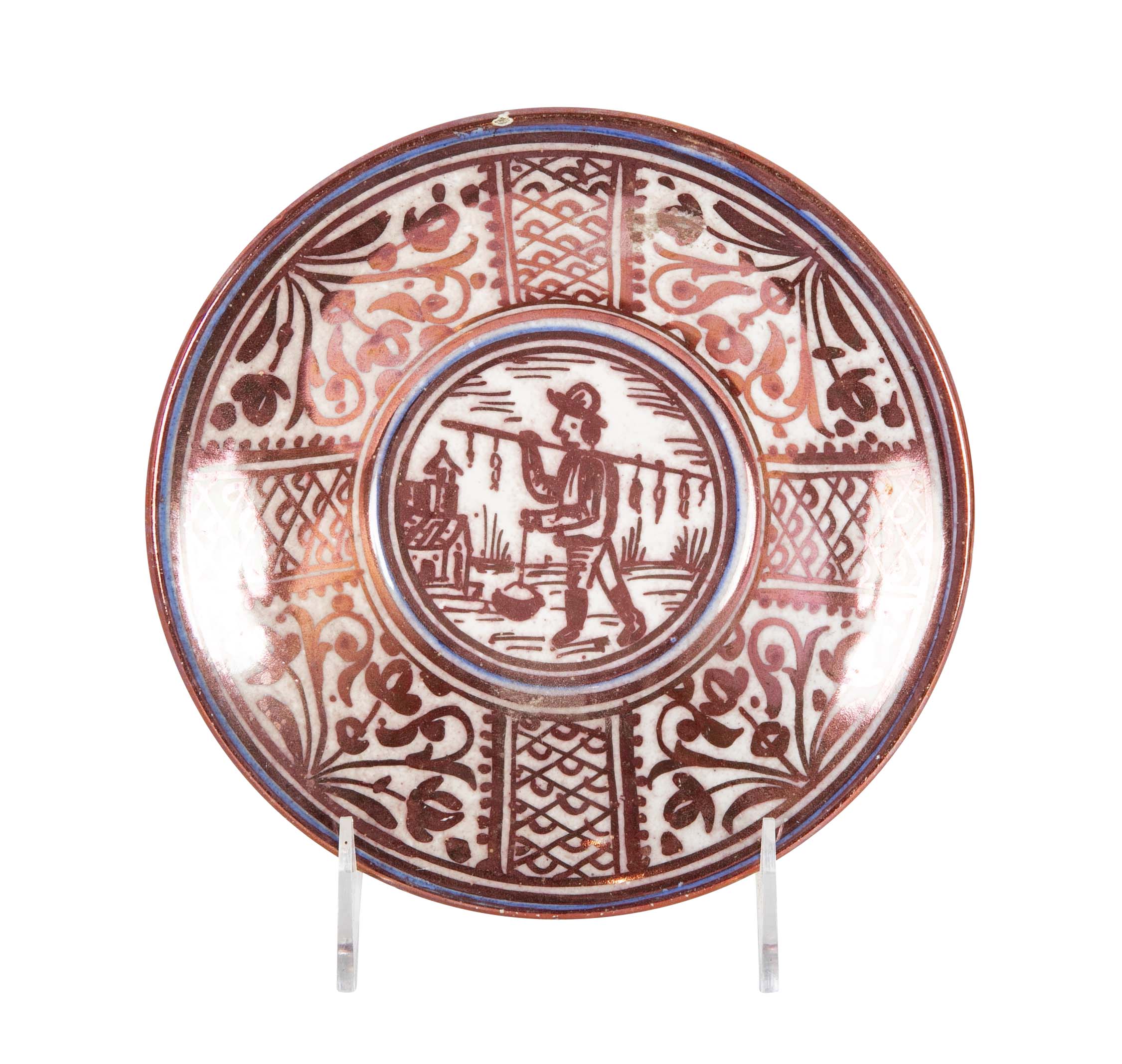 Ruby Lustre Ware Plate with Man Carrying Bird on a Stick