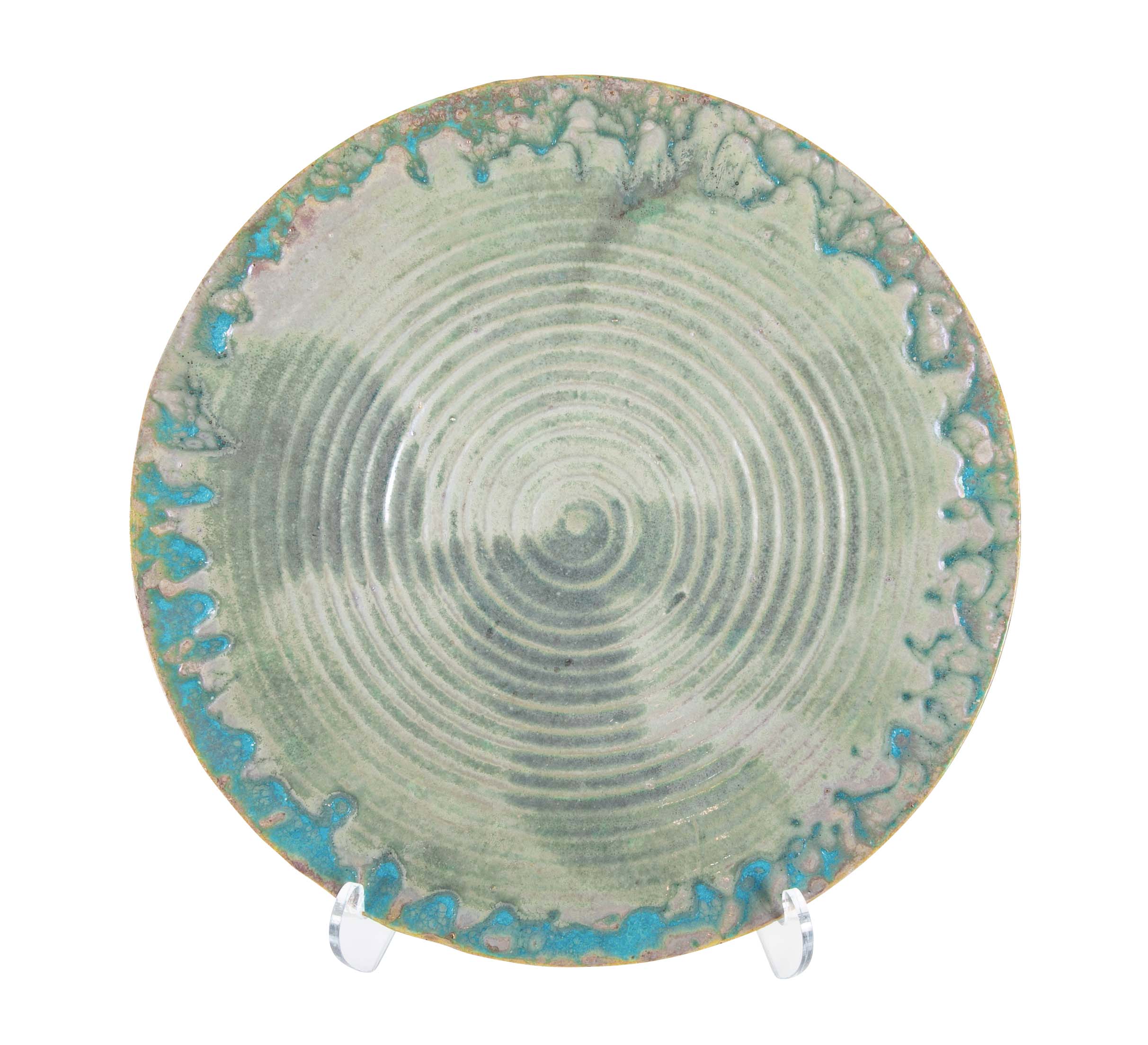 Pewabic Pottery Charger with Iridescent Aqua Glazed Rim