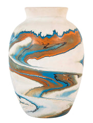 Nemadji Pottery Jar in Beige with Ochre and Blue Swirls