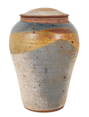 Shigaraki Style Bulbous Brown and Blue Glazed Stoneware Jar with Cover