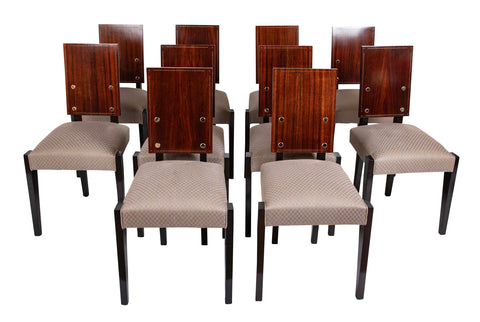 Set of 10 Mahogany Dining Chairs with Brass Medallions by Andre Sornay