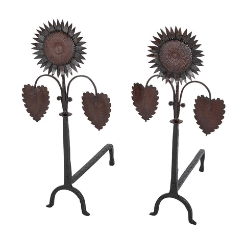 Handsome Pair of Arts & Crafts Sunflower Form Andirons