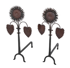 Handsome Pair of Arts & Crafts Sunflower Form Andirons