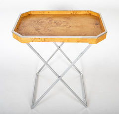 A Chrome and Burlwood Tray Table in the Style of Milo Baughman