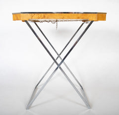 A Chrome and Burlwood Tray Table in the Style of Milo Baughman