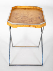 A Chrome and Burlwood Tray Table in the Style of Milo Baughman