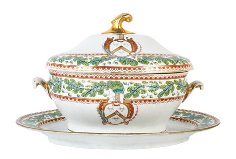 An English Covered Tureen on Stand Having an Armorial Crest