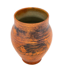 Orange Glazed Vase with Bull by French Ceramist Jacques Blin