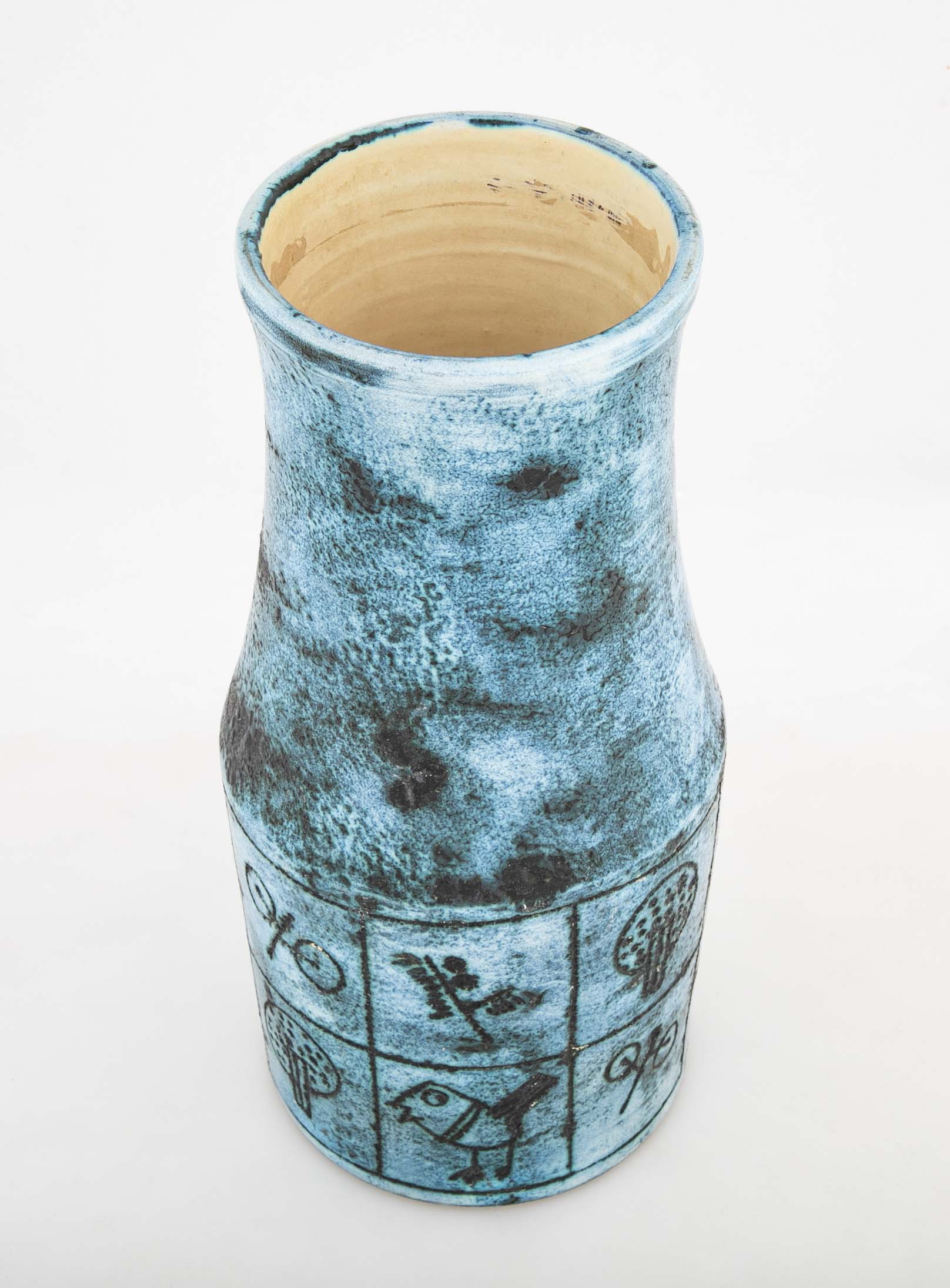 A Jacques Blin Blue Glazed Ceramic Vase with Bird Decor