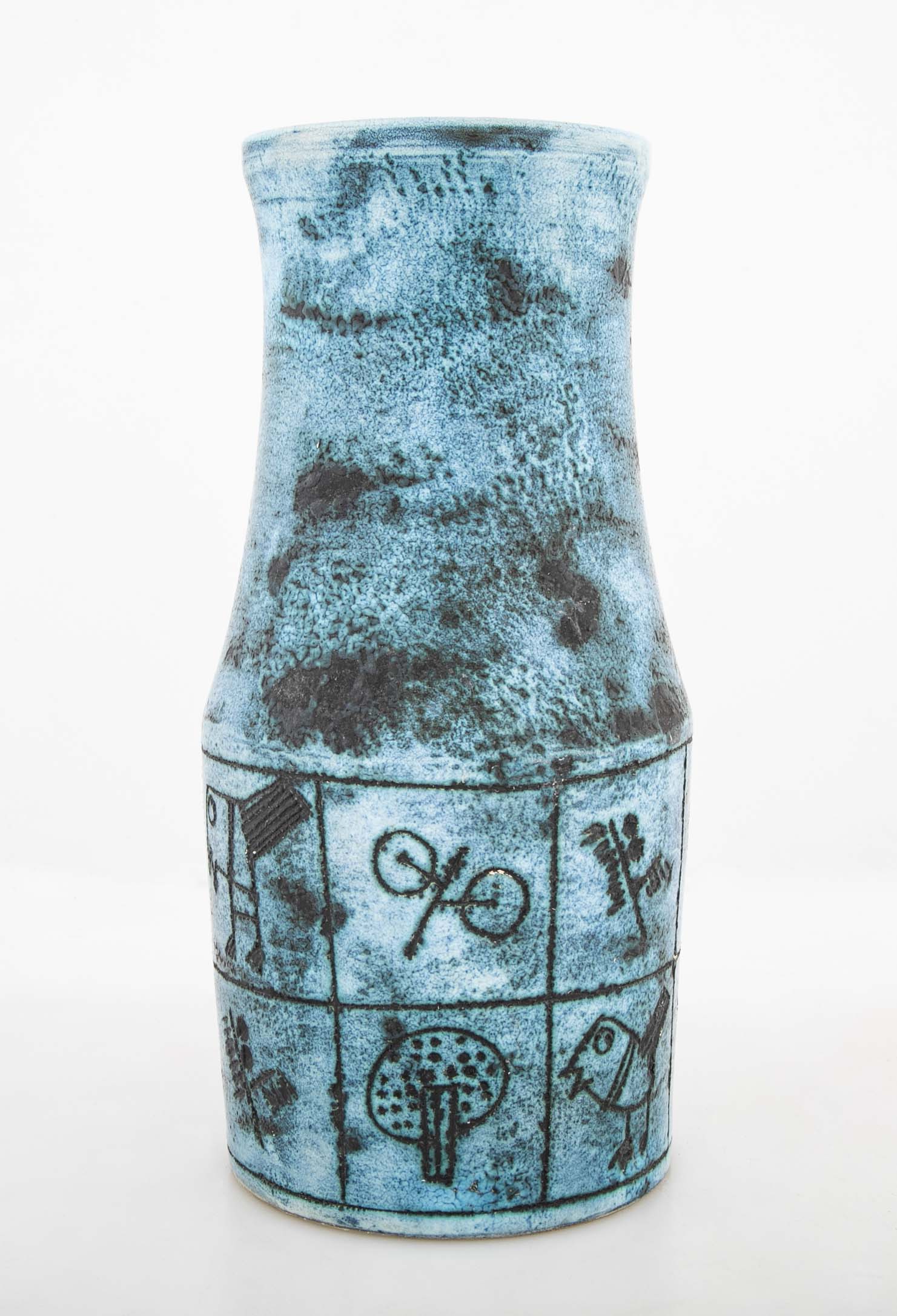 A Jacques Blin Blue Glazed Ceramic Vase with Bird Decor