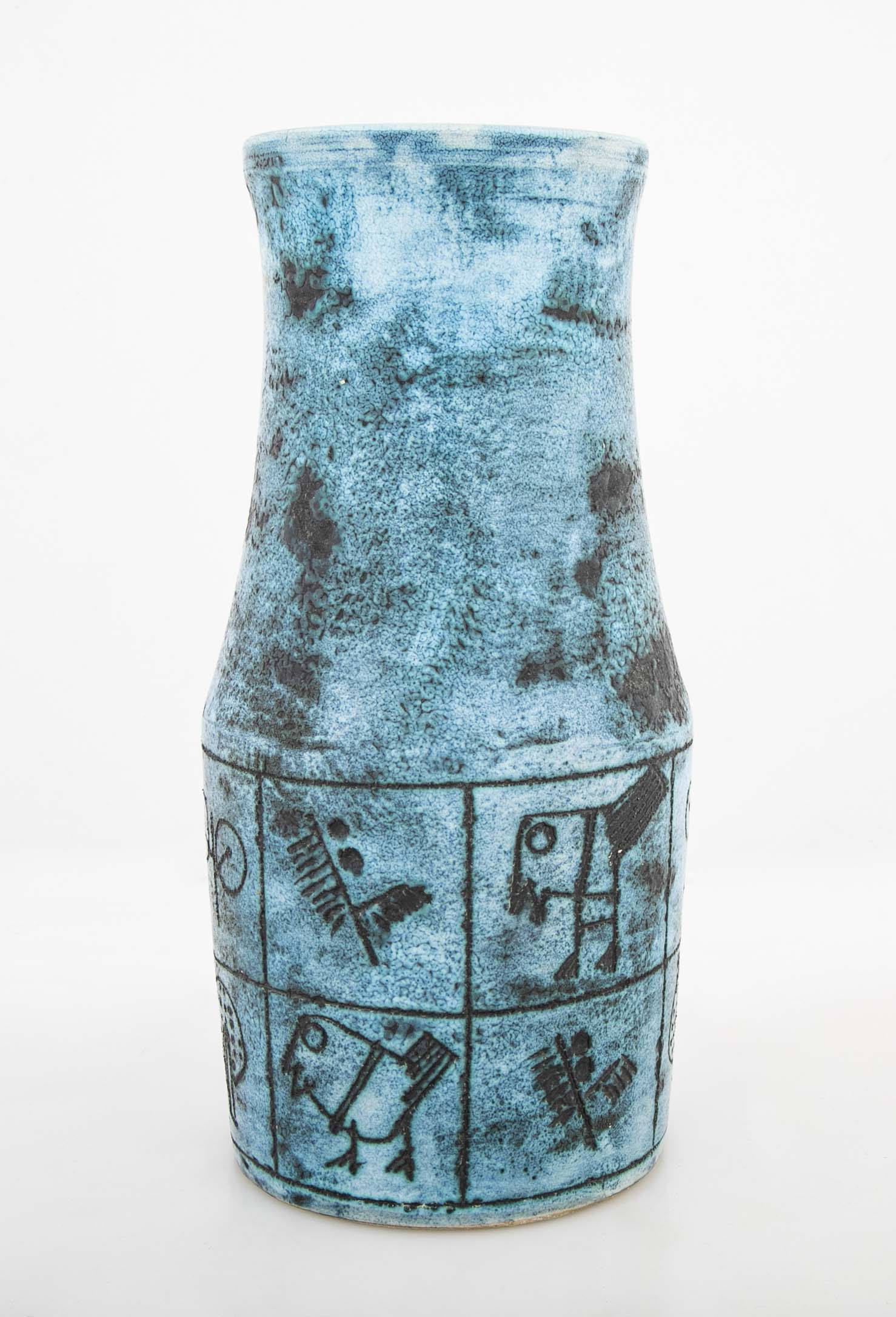 A Jacques Blin Blue Glazed Ceramic Vase with Bird Decor