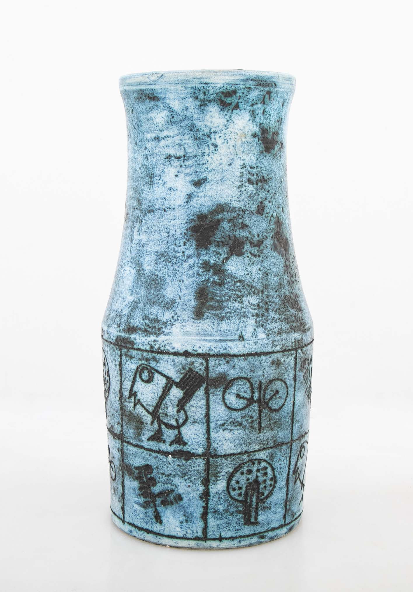 A Jacques Blin Blue Glazed Ceramic Vase with Bird Decor