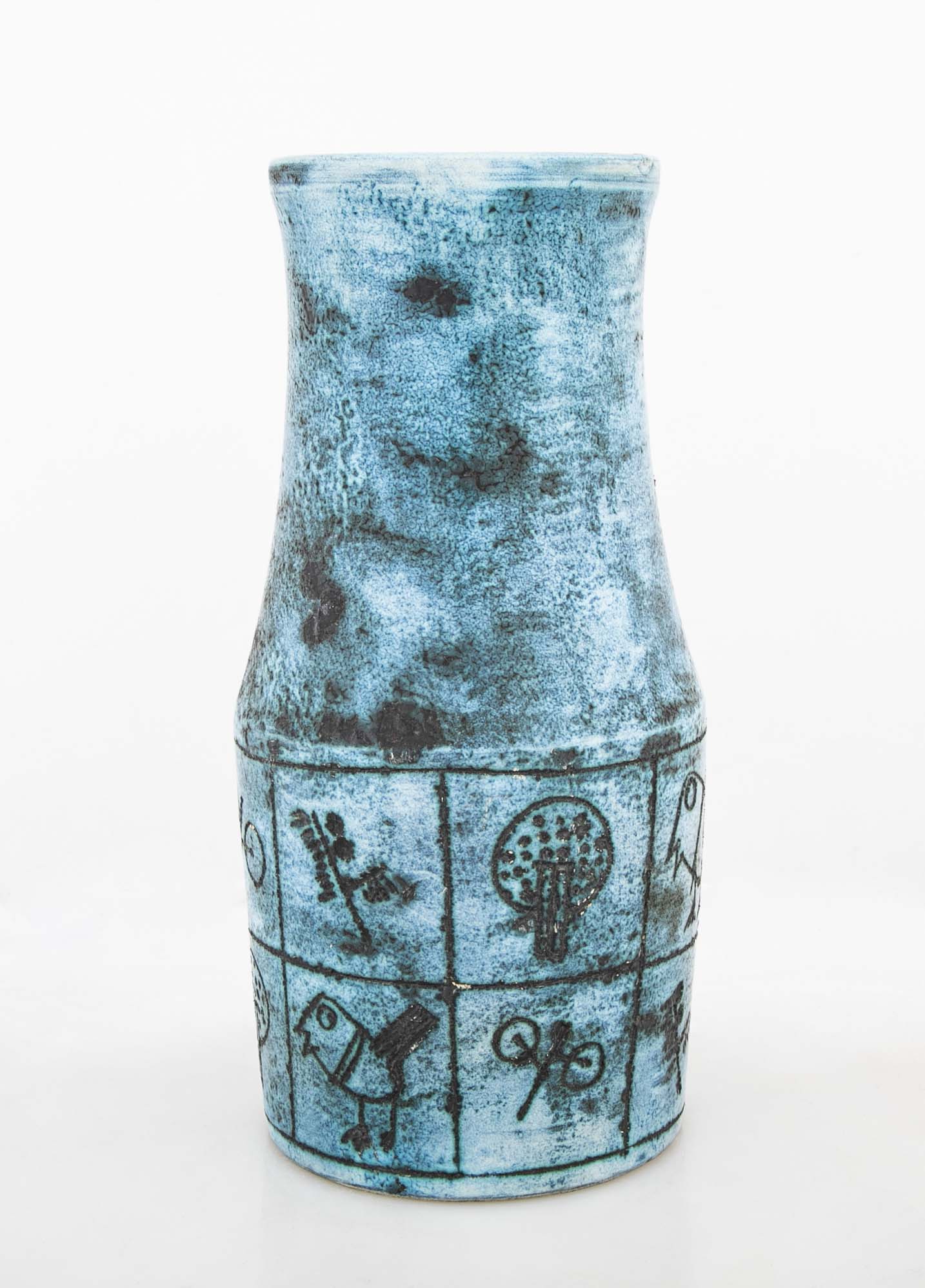 A Jacques Blin Blue Glazed Ceramic Vase with Bird Decor