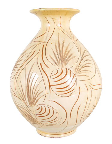 Kahler Earthenware Vase in Cream Glaze with Incised Foliage Design