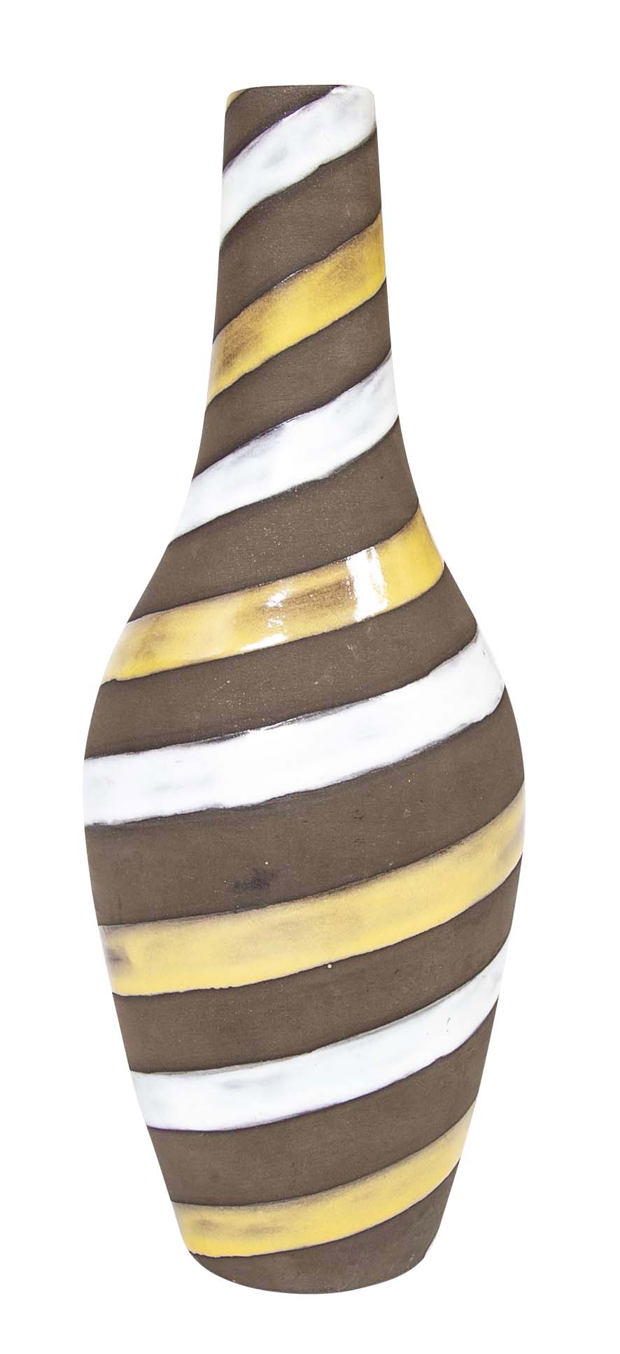 Oval Ceramic Vase with Long Cylindrical Neck Swirled with White & Yellow Enamel on Brown Base