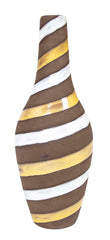 Oval Ceramic Vase with Long Cylindrical Neck Swirled with White & Yellow Enamel on Brown Base