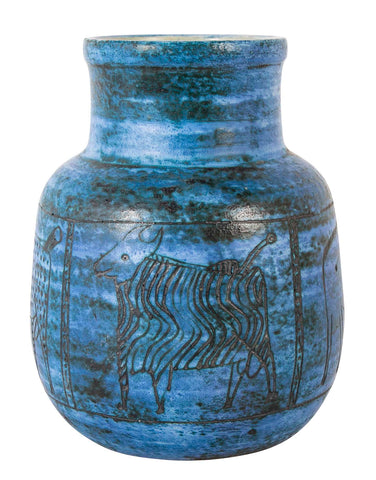 Jacques Blin Incised Blue Glazed Ceramic Vase with Animal Decor