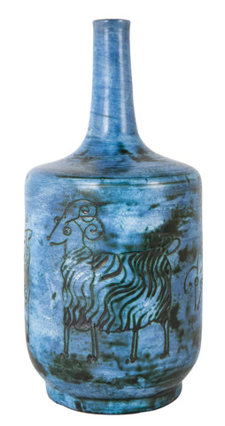 Jacques Blin Incised Blue Glazed Ceramic Vase with Animal Decor
